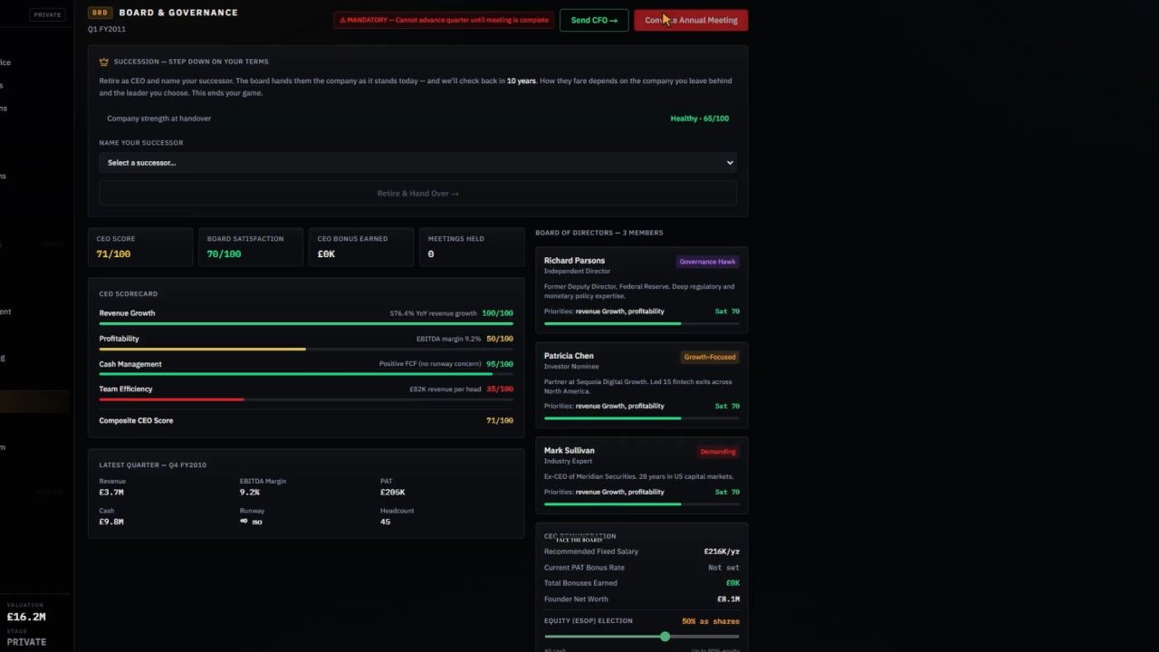 Boardroom gameplay — the board and governance screen